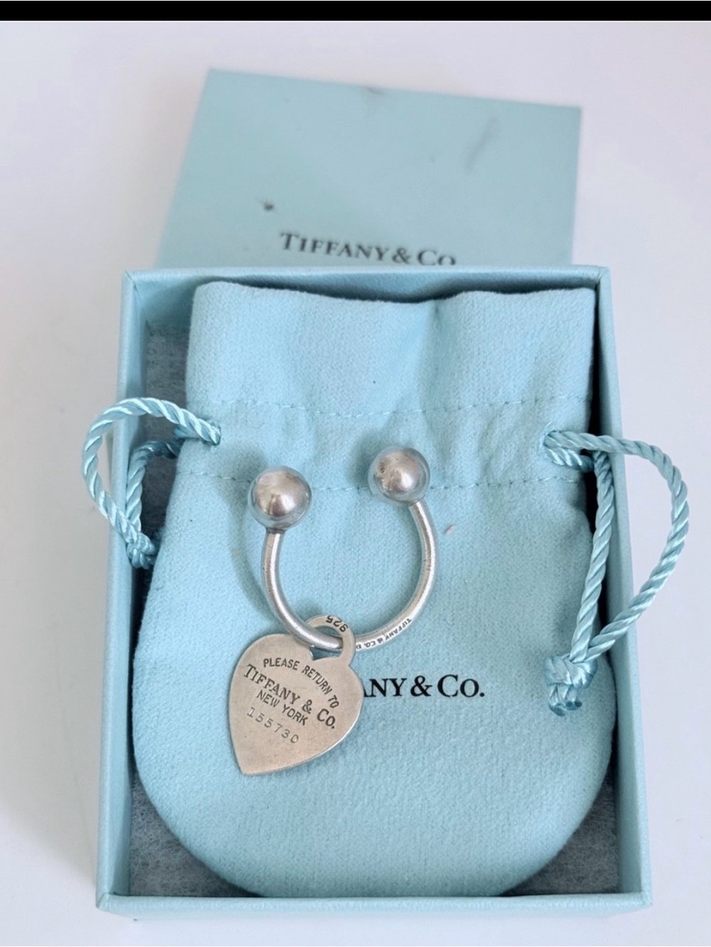 Tiffany & Co. EUC Silver Heart Tag Key Ring with Tiffany Blue Pouch and Gift Box